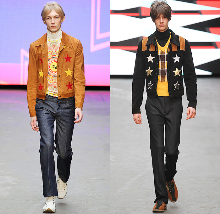 Topman Design 2015-2016 Fall Autumn Winter Mens Runway Catwalk Looks - London Collections: Men British Fashion Council UK United Kingdom - Denim Jeans 1970s Seventies Tartan Plaid Furry Oversized Coat Jumpsuit Patchwork Turtleneck Pinstripe Stars Psychedelic Rock Hippie Outerwear Blazer Parka Hoodie Onesie Jumpsuit Aviator Suit Coveralls Bombay City Rollers Bowling Shoes Mod Ombre Bell Bottom Flare Evel Knievel