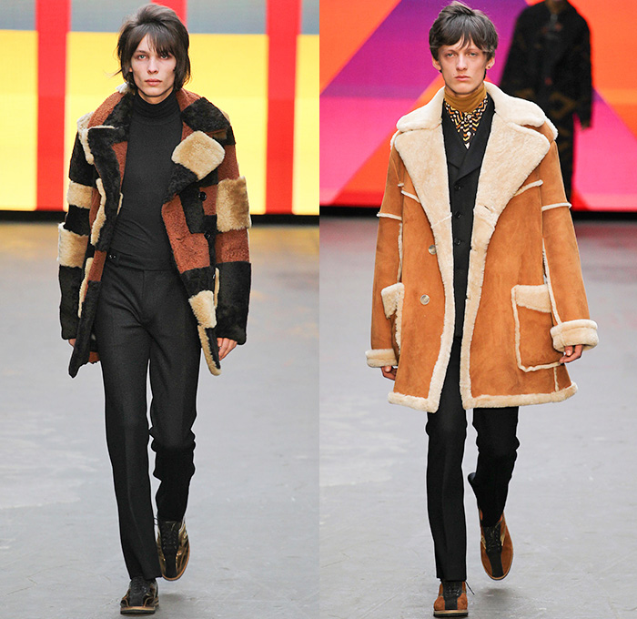 Topman Design 2015-2016 Fall Autumn Winter Mens Runway Catwalk Looks - London Collections: Men British Fashion Council UK United Kingdom - Denim Jeans 1970s Seventies Tartan Plaid Furry Oversized Coat Jumpsuit Patchwork Turtleneck Pinstripe Stars Psychedelic Rock Hippie Outerwear Blazer Parka Hoodie Onesie Jumpsuit Aviator Suit Coveralls Bombay City Rollers Bowling Shoes Mod Ombre Bell Bottom Flare Evel Knievel