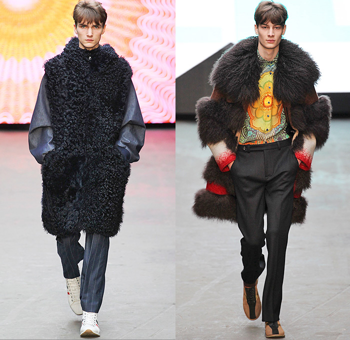 Topman Design 2015-2016 Fall Autumn Winter Mens Runway Catwalk Looks - London Collections: Men British Fashion Council UK United Kingdom - Denim Jeans 1970s Seventies Tartan Plaid Furry Oversized Coat Jumpsuit Patchwork Turtleneck Pinstripe Stars Psychedelic Rock Hippie Outerwear Blazer Parka Hoodie Onesie Jumpsuit Aviator Suit Coveralls Bombay City Rollers Bowling Shoes Mod Ombre Bell Bottom Flare Evel Knievel