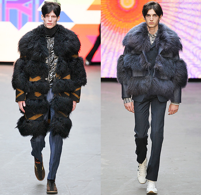 Topman Design 2015-2016 Fall Autumn Winter Mens Runway Catwalk Looks - London Collections: Men British Fashion Council UK United Kingdom - Denim Jeans 1970s Seventies Tartan Plaid Furry Oversized Coat Jumpsuit Patchwork Turtleneck Pinstripe Stars Psychedelic Rock Hippie Outerwear Blazer Parka Hoodie Onesie Jumpsuit Aviator Suit Coveralls Bombay City Rollers Bowling Shoes Mod Ombre Bell Bottom Flare Evel Knievel