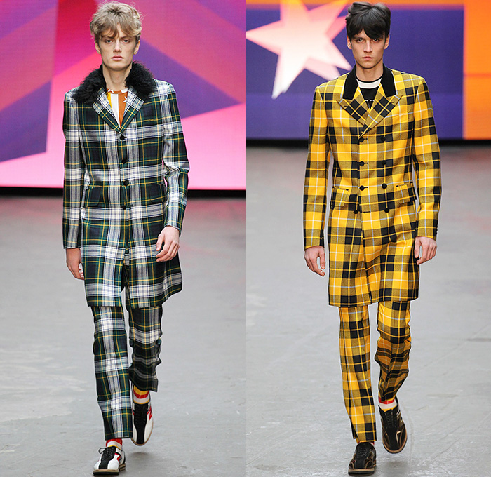 Topman Design 2015-2016 Fall Autumn Winter Mens Runway Catwalk Looks - London Collections: Men British Fashion Council UK United Kingdom - Denim Jeans 1970s Seventies Tartan Plaid Furry Oversized Coat Jumpsuit Patchwork Turtleneck Pinstripe Stars Psychedelic Rock Hippie Outerwear Blazer Parka Hoodie Onesie Jumpsuit Aviator Suit Coveralls Bombay City Rollers Bowling Shoes Mod Ombre Bell Bottom Flare Evel Knievel