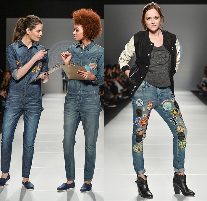 Triarchy Denim Jeans 2015-2016 Fall Autumn Winter Womens Runway Catwalk Looks - World MasterCard Fashion Week Toronto Canada - Camp Counselors Decals Patchwork Jumpsuit Emblems Bomber Varsity Jacket Leather Patches Chambray Onesie Jumpsuit Boiler Suit Coveralls Espadrilles Ankle Boots Outerwear Long Sleeve Blouse Tribal Knit Sweater Jumper Pullover Cap Scarf Leg Panels