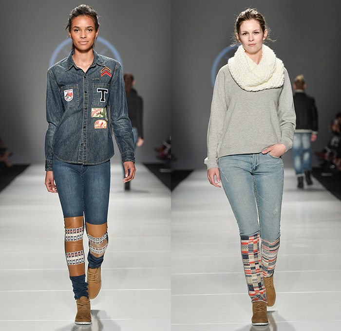 Triarchy Denim Jeans 2015-2016 Fall Autumn Winter Womens Runway Catwalk Looks - World MasterCard Fashion Week Toronto Canada - Camp Counselors Decals Patchwork Jumpsuit Emblems Bomber Varsity Jacket Leather Patches Chambray Onesie Jumpsuit Boiler Suit Coveralls Espadrilles Ankle Boots Outerwear Long Sleeve Blouse Tribal Knit Sweater Jumper Pullover Cap Scarf Leg Panels