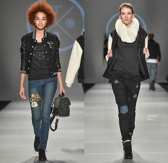 Triarchy Denim Jeans 2015-2016 Fall Autumn Winter Womens Runway Catwalk Looks - World MasterCard Fashion Week Toronto Canada - Camp Counselors Decals Patchwork Jumpsuit Emblems Bomber Varsity Jacket Leather Patches Chambray Onesie Jumpsuit Boiler Suit Coveralls Espadrilles Ankle Boots Outerwear Long Sleeve Blouse Tribal Knit Sweater Jumper Pullover Cap Scarf Leg Panels