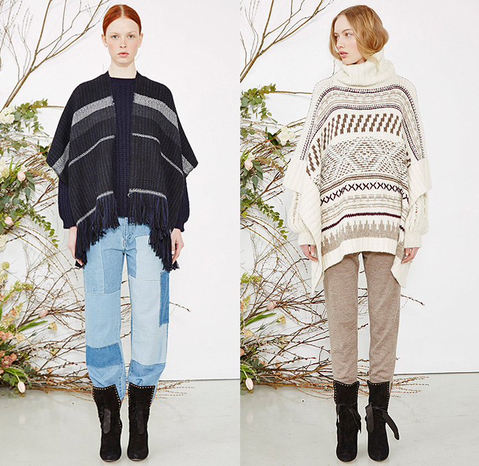 Ulla Johnson 2015-2016 Fall Autumn Winter Womens Lookbook Presentation - New York Fashion Week NYFW - Nomadic Gypsy Bohemian Boho Chic Patchwork Denim Jeans Fringes Jogger Sweatpants Embroidery Tunic Knit Macramé Sheepskin Shawl Cape Cloak Turtleneck Sweater Jumper Outerwear Coat Cargo Pockets Quilted Puffer Jacket Bag Tote Beanie Dress Lace Perforated Silk Wrap Shirtdress Ombre Rope Waist