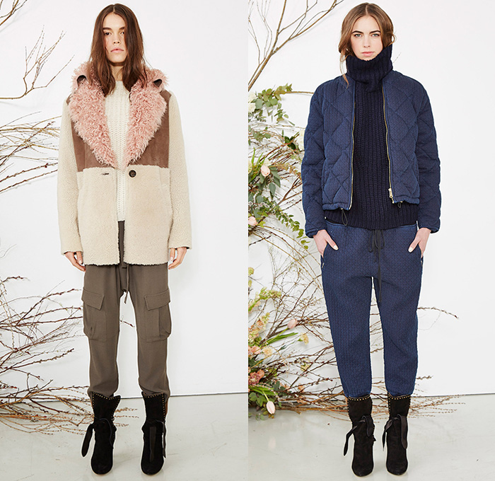 Ulla Johnson 2015-2016 Fall Autumn Winter Womens Lookbook Presentation - New York Fashion Week NYFW - Nomadic Gypsy Bohemian Boho Chic Patchwork Denim Jeans Fringes Jogger Sweatpants Embroidery Tunic Knit Macramé Sheepskin Shawl Cape Cloak Turtleneck Sweater Jumper Outerwear Coat Cargo Pockets Quilted Puffer Jacket Bag Tote Beanie Dress Lace Perforated Silk Wrap Shirtdress Ombre Rope Waist