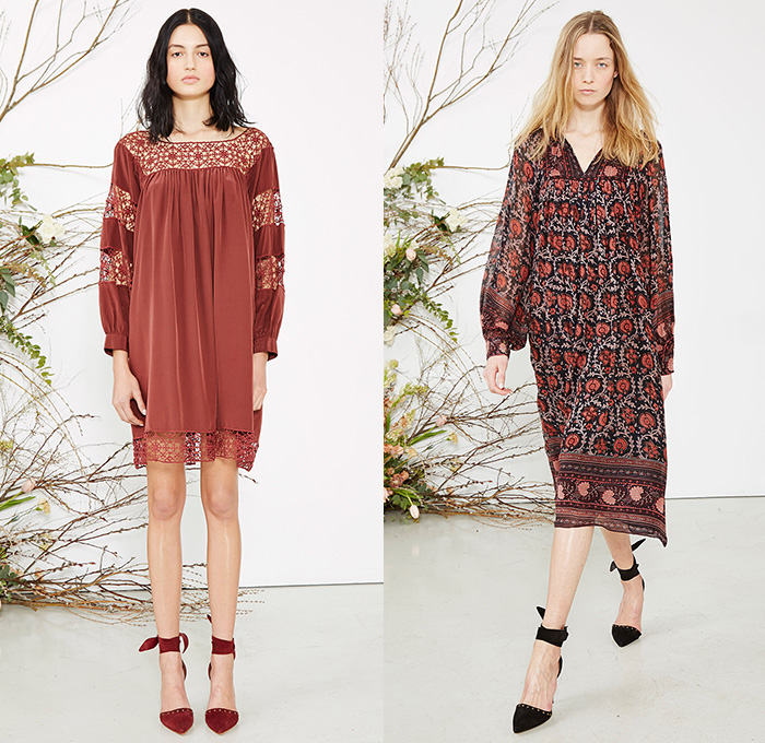 Ulla Johnson 2015-2016 Fall Autumn Winter Womens Lookbook Presentation - New York Fashion Week NYFW - Nomadic Gypsy Bohemian Boho Chic Patchwork Denim Jeans Fringes Jogger Sweatpants Embroidery Tunic Knit Macramé Sheepskin Shawl Cape Cloak Turtleneck Sweater Jumper Outerwear Coat Cargo Pockets Quilted Puffer Jacket Bag Tote Beanie Dress Lace Perforated Silk Wrap Shirtdress Ombre Rope Waist