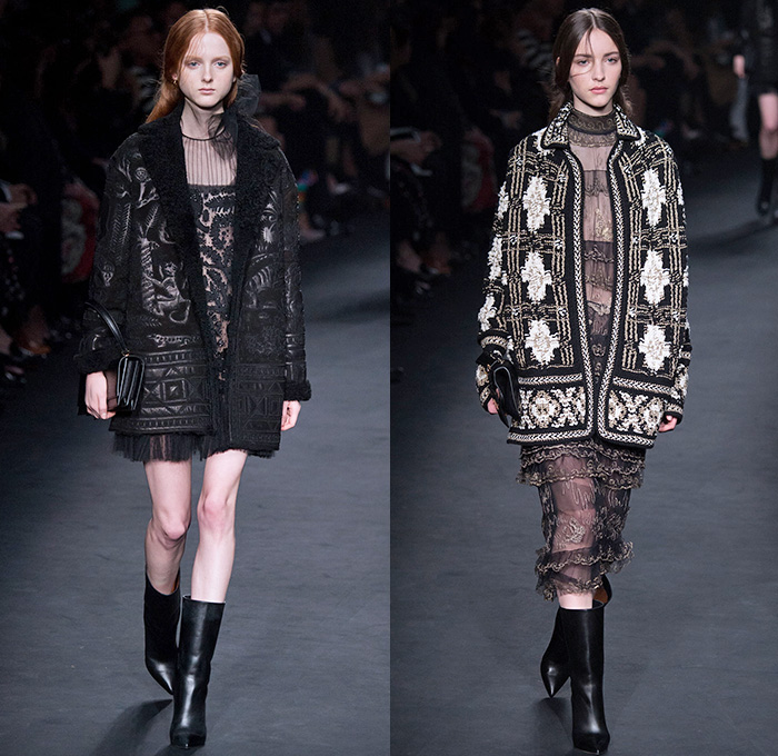 Valentino 2015-2016 Fall Autumn Winter Womens Runway Catwalk Looks - Mode à Paris Fashion Week Mode Féminin France - Eveningwear Gowns Sheer Chiffon Lace Ruffles Tapestry Fringes Geometric Racing Checks Embroidery Maxi Dress Furry Outerwear Coat Leather Chunky Knit Sweater Jumper Ornamental Decorative Art Adornments Sequins Stripes Botanical Jungle Animals Dragon Derek Zoolander Hansel McDonald