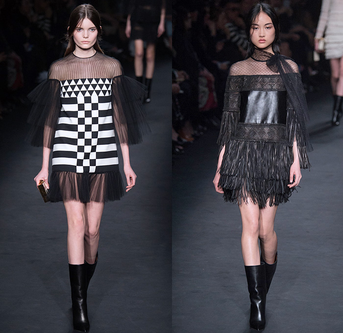 Valentino 2015-2016 Fall Autumn Winter Womens Runway Catwalk Looks - Mode à Paris Fashion Week Mode Féminin France - Eveningwear Gowns Sheer Chiffon Lace Ruffles Tapestry Fringes Geometric Racing Checks Embroidery Maxi Dress Furry Outerwear Coat Leather Chunky Knit Sweater Jumper Ornamental Decorative Art Adornments Sequins Stripes Botanical Jungle Animals Dragon Derek Zoolander Hansel McDonald