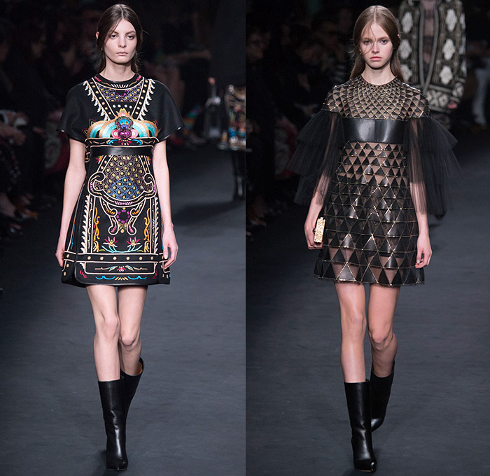 Valentino 2015-2016 Fall Autumn Winter Womens Runway Catwalk Looks - Mode à Paris Fashion Week Mode Féminin France - Eveningwear Gowns Sheer Chiffon Lace Ruffles Tapestry Fringes Geometric Racing Checks Embroidery Maxi Dress Furry Outerwear Coat Leather Chunky Knit Sweater Jumper Ornamental Decorative Art Adornments Sequins Stripes Botanical Jungle Animals Dragon Derek Zoolander Hansel McDonald