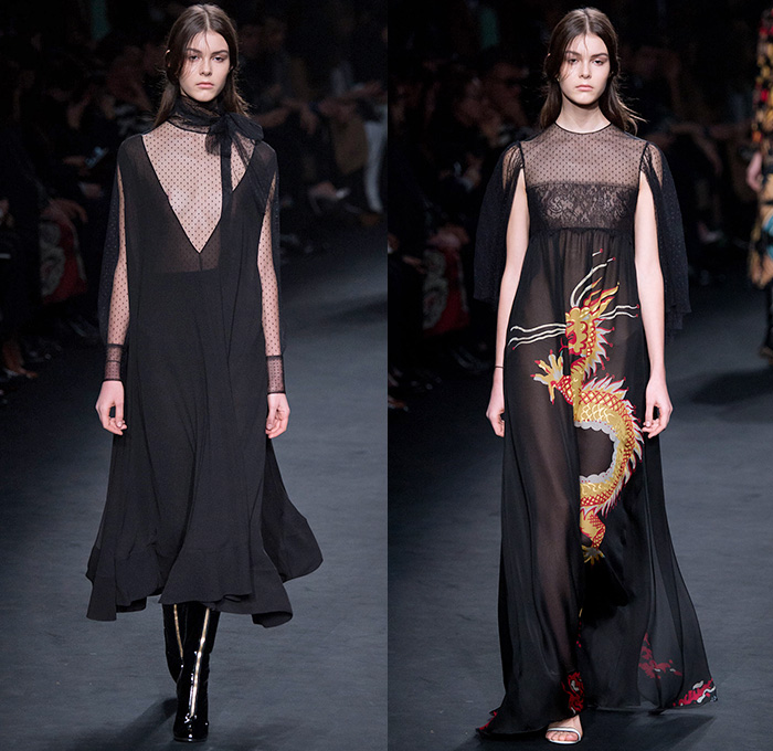 Valentino 2015-2016 Fall Autumn Winter Womens Runway Catwalk Looks - Mode à Paris Fashion Week Mode Féminin France - Eveningwear Gowns Sheer Chiffon Lace Ruffles Tapestry Fringes Geometric Racing Checks Embroidery Maxi Dress Furry Outerwear Coat Leather Chunky Knit Sweater Jumper Ornamental Decorative Art Adornments Sequins Stripes Botanical Jungle Animals Dragon Derek Zoolander Hansel McDonald