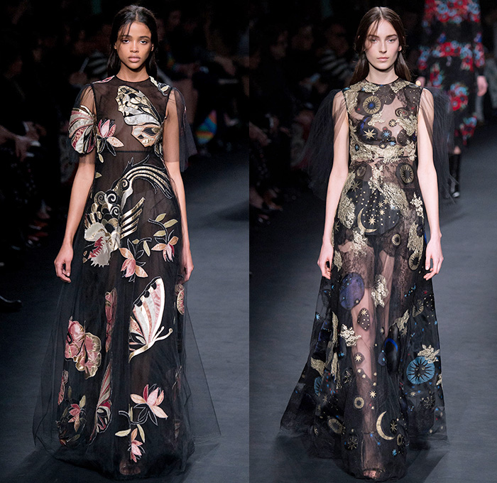 Valentino 2015-2016 Fall Autumn Winter Womens Runway Catwalk Looks - Mode à Paris Fashion Week Mode Féminin France - Eveningwear Gowns Sheer Chiffon Lace Ruffles Tapestry Fringes Geometric Racing Checks Embroidery Maxi Dress Furry Outerwear Coat Leather Chunky Knit Sweater Jumper Ornamental Decorative Art Adornments Sequins Stripes Botanical Jungle Animals Dragon Derek Zoolander Hansel McDonald