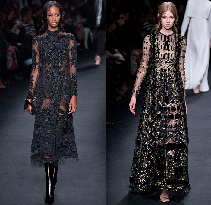 Valentino 2015-2016 Fall Autumn Winter Womens Runway Catwalk Looks - Mode à Paris Fashion Week Mode Féminin France - Eveningwear Gowns Sheer Chiffon Lace Ruffles Tapestry Fringes Geometric Racing Checks Embroidery Maxi Dress Furry Outerwear Coat Leather Chunky Knit Sweater Jumper Ornamental Decorative Art Adornments Sequins Stripes Botanical Jungle Animals Dragon Derek Zoolander Hansel McDonald