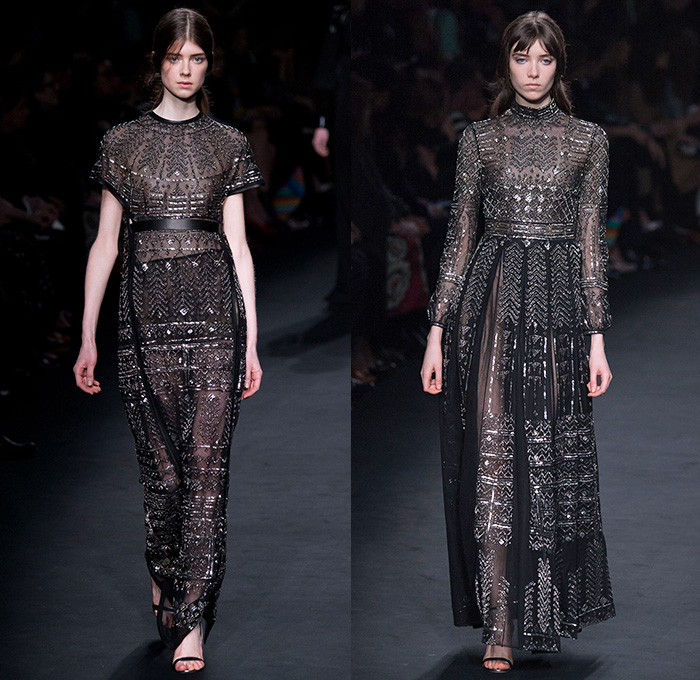 Valentino 2015-2016 Fall Autumn Winter Womens Runway Catwalk Looks - Mode à Paris Fashion Week Mode Féminin France - Eveningwear Gowns Sheer Chiffon Lace Ruffles Tapestry Fringes Geometric Racing Checks Embroidery Maxi Dress Furry Outerwear Coat Leather Chunky Knit Sweater Jumper Ornamental Decorative Art Adornments Sequins Stripes Botanical Jungle Animals Dragon Derek Zoolander Hansel McDonald