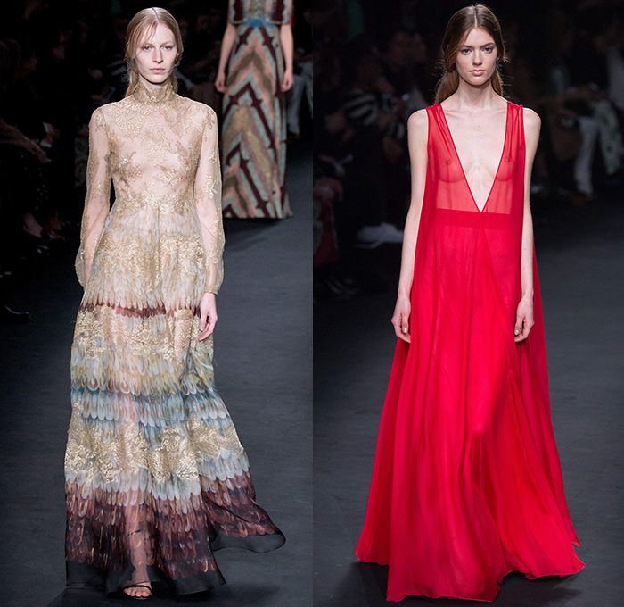 Valentino 2015-2016 Fall Autumn Winter Womens Runway Catwalk Looks - Mode à Paris Fashion Week Mode Féminin France - Eveningwear Gowns Sheer Chiffon Lace Ruffles Tapestry Fringes Geometric Racing Checks Embroidery Maxi Dress Furry Outerwear Coat Leather Chunky Knit Sweater Jumper Ornamental Decorative Art Adornments Sequins Stripes Botanical Jungle Animals Dragon Derek Zoolander Hansel McDonald