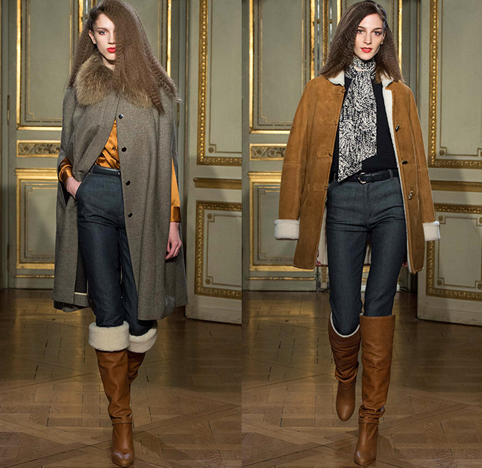 Vanessa Seward 2015-2016 Fall Autumn Winter Womens Runway Catwalk Looks - Mode à Paris Fashion Week Mode Féminin France - Denim Jeans Onesie Jumpsuit Boiler Suit Coveralls Pantsuit Suede Outerwear Coat Boots Turtleneck Silk Metallic Scarf Blazer Pants Trousers Dress Cargo Pockets Coatdress Hanging Sleeve Furry Shearling Sweater Jumper Blouse Clover Leaves Foliage Botanical Print Graphic Pattern Skirt