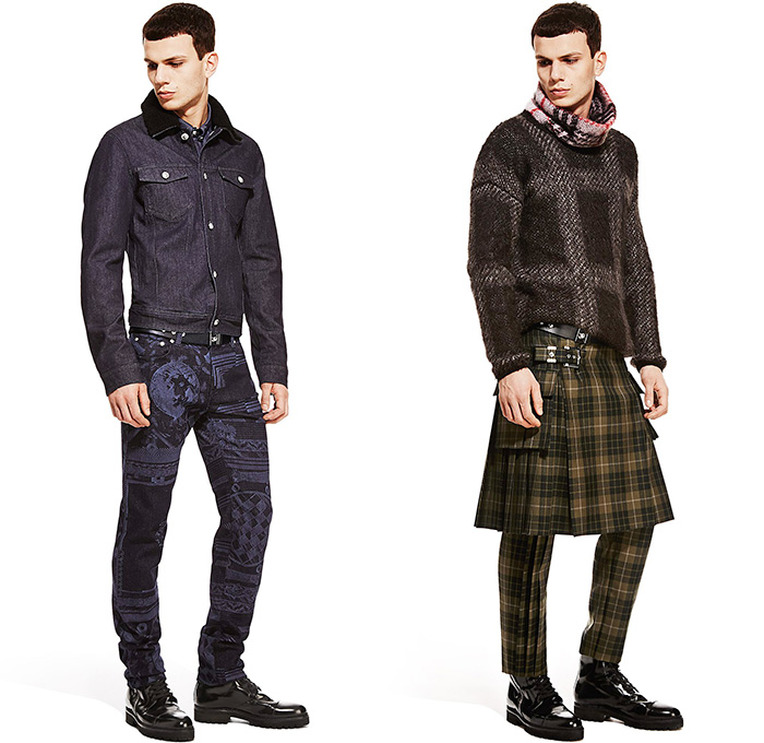 (01a) Shearling Collar Denim Jacket & Bandana Print Denim Jeans - (01b) Tartan Print Rollneck Sweater + Tartan Print Dual Pocket Kilt - Versus Versace 2015-2016 Fall Autumn Winter Mens Lookbook Collection - Denim Jeans Shirt Bandanna Bandana Military Plaid Tartan Trucker Jacket Knit Sweater Jumper Manskirt Kilt Lion Lion Head Rollneck Outerwear Blazer Jacket Funnelneck Vestcoat Belts Straps Wool Backpack Bag Pants Trousers