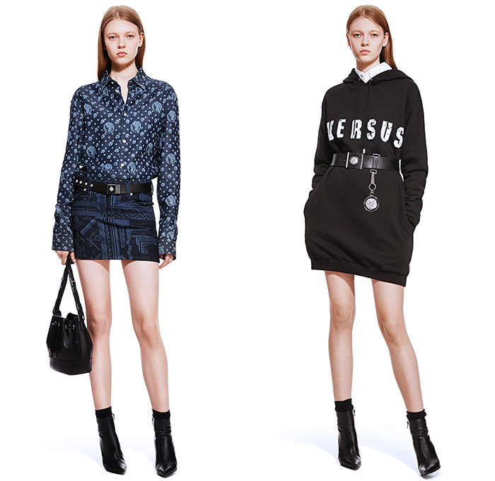 (01a) Polka Lion Print Denim Shirt & Bandana Print Denim Mini-Skirt - (01b) Versus Cracked Logo Sweatshirt - Versus Versace 2015-2016 Fall Autumn Winter Womens Lookbook Collection - Denim Jeans Miniskirt Skirt Frock Blouse Polka Dots Shirt Bandana Cracked Logo Sweatshirt Asymmetrical Dual Sleeveless Maxi Dress Embellishments Adornments Metallic Studs Plaid Tartan Military Knit Sweater Jumper Outerwear Coat Blazer Boots Sweaterdress Vestdress Zipper Furry Shearling Handkerchief Hem Accordion Pleats Pantsuit Pants Trousers