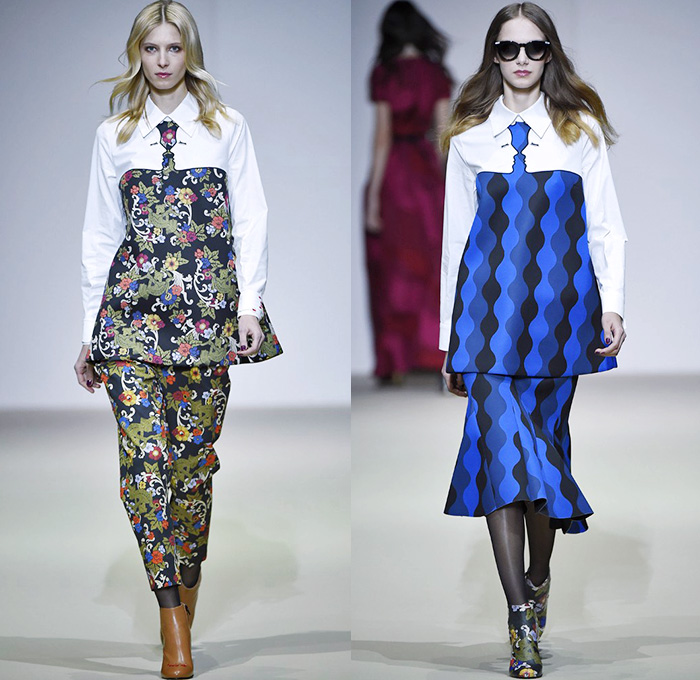 Vivetta 2015-2016 Fall Autumn Winter Womens Runway Catwalk Looks - Milano Moda Donna Collezione Milan Fashion Week Italy - Trompe L’oeil 3D Embroidery Hands Collar Waist Faces Groovy Waves Flowers Florals Fauna Leaves Foliage Print Graphic Pattern Motif 1960s Sixties Dress Blouse Culottes Gauchos Wide Leg Palazzo Pants Outerwear Coat Jacket Jacquard Ruffles Vest Waistcoat Sheer Chiffon