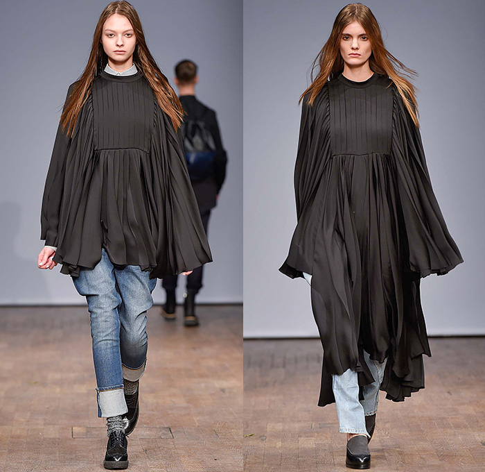 WHYRED 2015-2016 Fall Autumn Winter Womens Runway Catwalk Looks - Fashion Week Stockholm Sweden - Denim Jeans Knit Turtleneck Pantsuit Lace Accordion Pleats Batwing Stripes Maxi Dress Stockings Flare Oversized Coat Sheer Chiffon Neck Tie Leggings Silk Gown Onesie Jumpsuit Coveralls Shirtdress