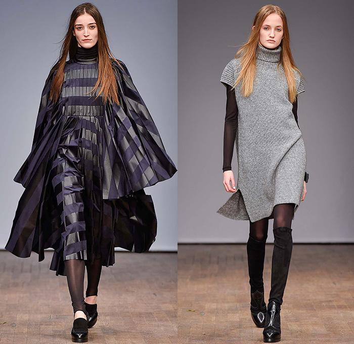 WHYRED 2015-2016 Fall Autumn Winter Womens Runway Catwalk Looks - Fashion Week Stockholm Sweden - Denim Jeans Knit Turtleneck Pantsuit Lace Accordion Pleats Batwing Stripes Maxi Dress Stockings Flare Oversized Coat Sheer Chiffon Neck Tie Leggings Silk Gown Onesie Jumpsuit Coveralls Shirtdress