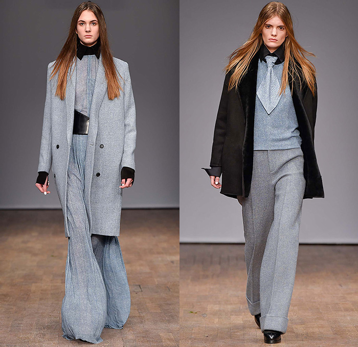 WHYRED 2015-2016 Fall Autumn Winter Womens Runway Catwalk Looks - Fashion Week Stockholm Sweden - Denim Jeans Knit Turtleneck Pantsuit Lace Accordion Pleats Batwing Stripes Maxi Dress Stockings Flare Oversized Coat Sheer Chiffon Neck Tie Leggings Silk Gown Onesie Jumpsuit Coveralls Shirtdress