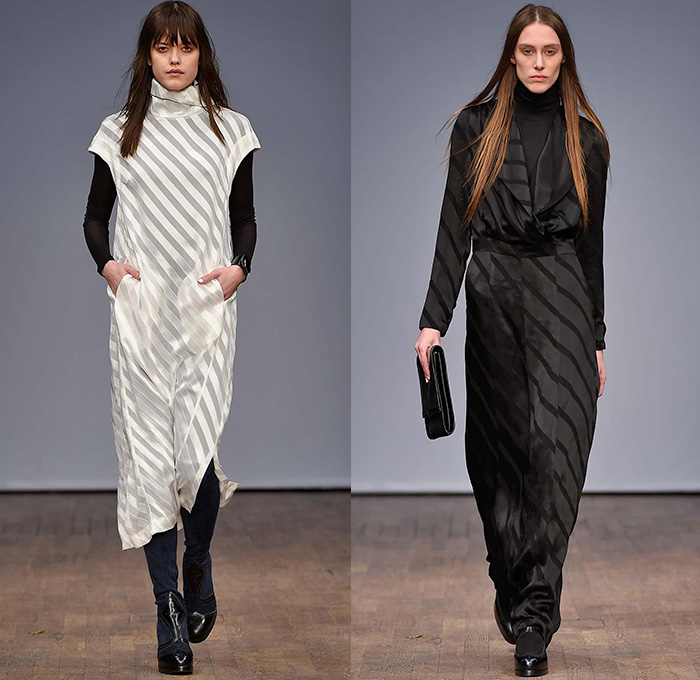WHYRED 2015-2016 Fall Autumn Winter Womens Runway Catwalk Looks - Fashion Week Stockholm Sweden - Denim Jeans Knit Turtleneck Pantsuit Lace Accordion Pleats Batwing Stripes Maxi Dress Stockings Flare Oversized Coat Sheer Chiffon Neck Tie Leggings Silk Gown Onesie Jumpsuit Coveralls Shirtdress
