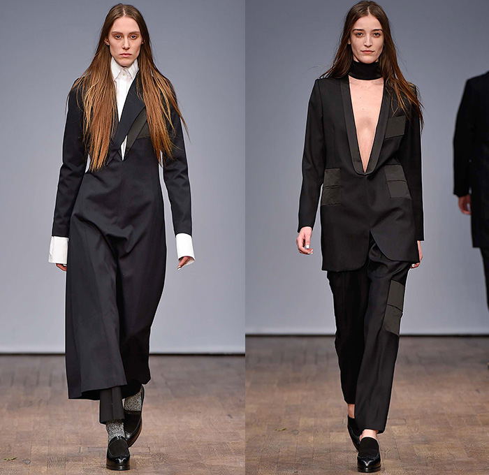 WHYRED 2015-2016 Fall Autumn Winter Womens Runway Catwalk Looks - Fashion Week Stockholm Sweden - Denim Jeans Knit Turtleneck Pantsuit Lace Accordion Pleats Batwing Stripes Maxi Dress Stockings Flare Oversized Coat Sheer Chiffon Neck Tie Leggings Silk Gown Onesie Jumpsuit Coveralls Shirtdress