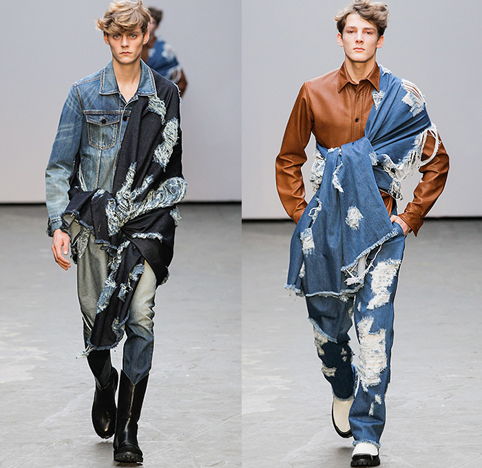 Xander Zhou 2015-2016 Fall Autumn Winter Mens Runway Catwalk Looks - London Collections: Men British Fashion Council UK United Kingdom - Denim Jeans Destroyed Frayed Raw Hem Shawl Cowboy Western Sandalboots Fringes Weave Outerwear Basketweave Embroidery Scarf Chevron Trench Coat Backpack Pants Trousers White Ensemble Jacket