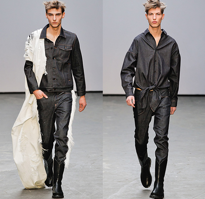 Xander Zhou 2015-2016 Fall Autumn Winter Mens Runway Catwalk Looks - London Collections: Men British Fashion Council UK United Kingdom - Denim Jeans Destroyed Frayed Raw Hem Shawl Cowboy Western Sandalboots Fringes Weave Outerwear Basketweave Embroidery Scarf Chevron Trench Coat Backpack Pants Trousers White Ensemble Jacket