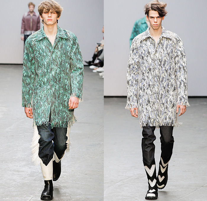 Xander Zhou 2015-2016 Fall Autumn Winter Mens Runway Catwalk Looks - London Collections: Men British Fashion Council UK United Kingdom - Denim Jeans Destroyed Frayed Raw Hem Shawl Cowboy Western Sandalboots Fringes Weave Outerwear Basketweave Embroidery Scarf Chevron Trench Coat Backpack Pants Trousers White Ensemble Jacket