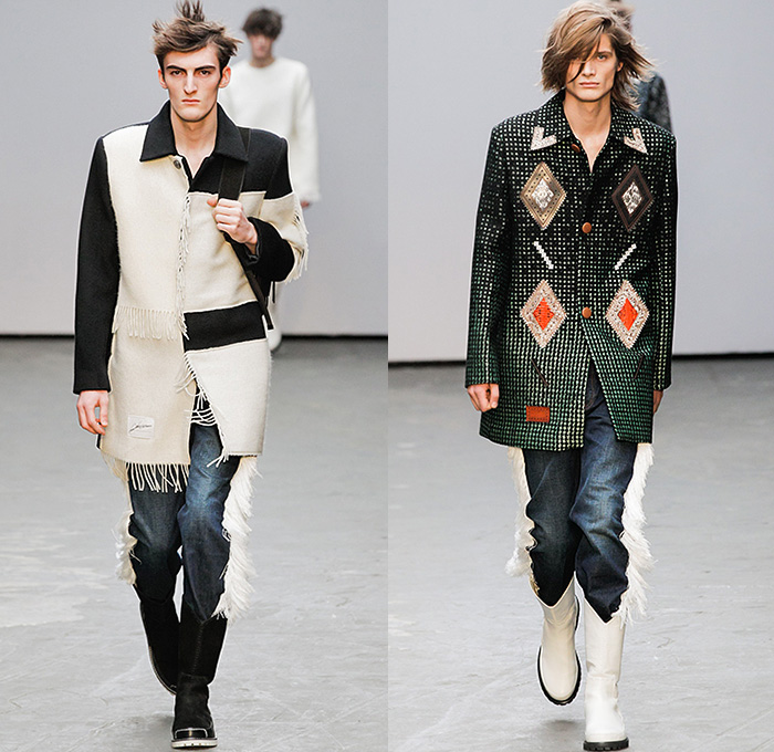 Xander Zhou 2015-2016 Fall Autumn Winter Mens Runway Catwalk Looks - London Collections: Men British Fashion Council UK United Kingdom - Denim Jeans Destroyed Frayed Raw Hem Shawl Cowboy Western Sandalboots Fringes Weave Outerwear Basketweave Embroidery Scarf Chevron Trench Coat Backpack Pants Trousers White Ensemble Jacket