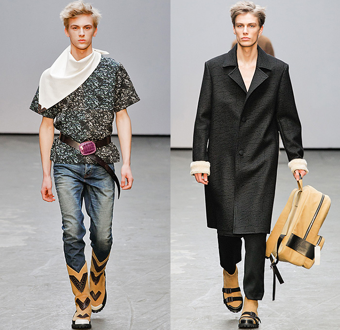 Xander Zhou 2015-2016 Fall Autumn Winter Mens Runway Catwalk Looks - London Collections: Men British Fashion Council UK United Kingdom - Denim Jeans Destroyed Frayed Raw Hem Shawl Cowboy Western Sandalboots Fringes Weave Outerwear Basketweave Embroidery Scarf Chevron Trench Coat Backpack Pants Trousers White Ensemble Jacket