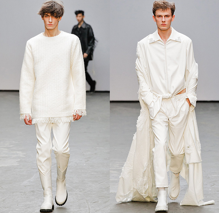 Xander Zhou 2015-2016 Fall Autumn Winter Mens Runway Catwalk Looks - London Collections: Men British Fashion Council UK United Kingdom - Denim Jeans Destroyed Frayed Raw Hem Shawl Cowboy Western Sandalboots Fringes Weave Outerwear Basketweave Embroidery Scarf Chevron Trench Coat Backpack Pants Trousers White Ensemble Jacket