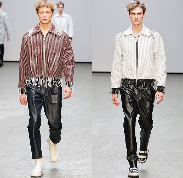 Xander Zhou 2015-2016 Fall Autumn Winter Mens Runway Catwalk Looks - London Collections: Men British Fashion Council UK United Kingdom - Denim Jeans Destroyed Frayed Raw Hem Shawl Cowboy Western Sandalboots Fringes Weave Outerwear Basketweave Embroidery Scarf Chevron Trench Coat Backpack Pants Trousers White Ensemble Jacket