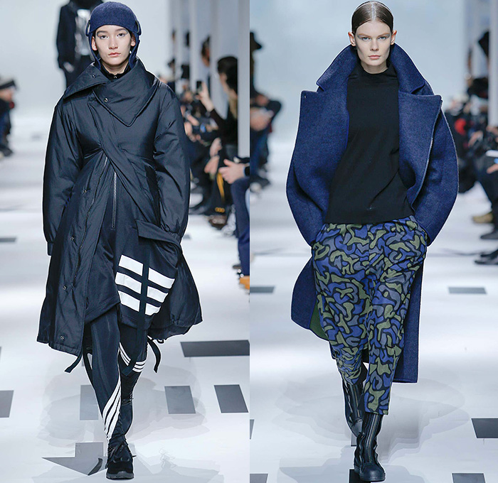 Y-3 Yohji Yamamoto x Adidas 2015-2016 Fall Autumn Winter Womens Runway Catwalk Looks - Mode à Paris Fashion Week Mode Masculine France - Military Aviator Furry Bomber Coatdress Utility Cargo Pockets Leggings Camouflage Topography Dress Skirt Frock Outerwear Coat Boots Pantsuit Lace Up Blouse Hat Cap Parka Nylon Onesie Jumpsuit Coveralls Overalls Hoodie Pleats Knit Sweater Jumper Slouchy