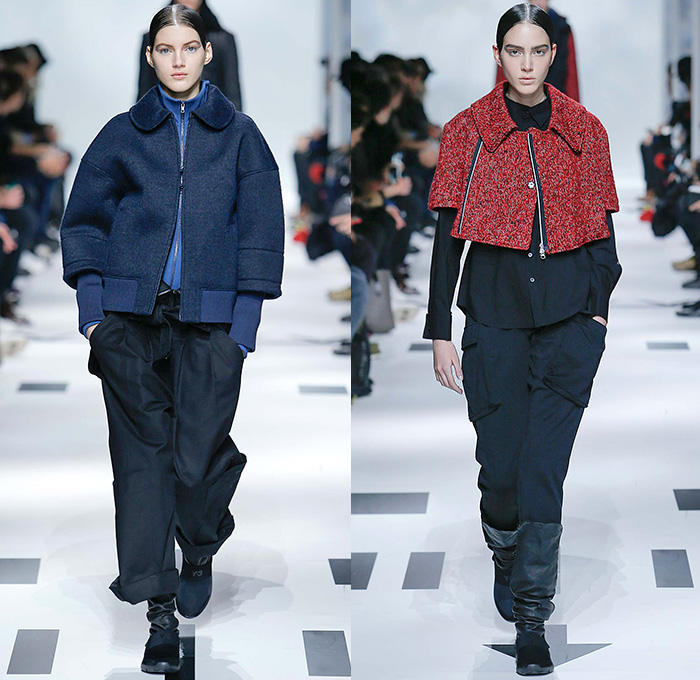 Y-3 Yohji Yamamoto x Adidas 2015-2016 Fall Autumn Winter Womens Runway Catwalk Looks - Mode à Paris Fashion Week Mode Masculine France - Military Aviator Furry Bomber Coatdress Utility Cargo Pockets Leggings Camouflage Topography Dress Skirt Frock Outerwear Coat Boots Pantsuit Lace Up Blouse Hat Cap Parka Nylon Onesie Jumpsuit Coveralls Overalls Hoodie Pleats Knit Sweater Jumper Slouchy