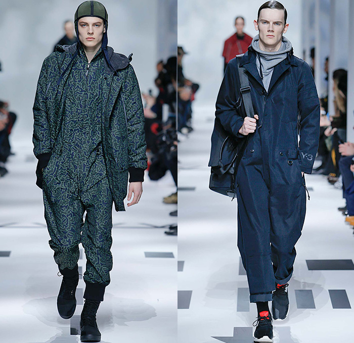 Y-3 Yohji Yamamoto x Adidas 2015-2016 Fall Autumn Winter Mens Runway Catwalk Looks - Mode à Paris Fashion Week Mode Masculine France - Military Aviator Belt Straps Outerwear Coat Parka Bomber Jacket Blazer Jogger Sweatpants Jumpsuit Cargo Pockets Double Pants Trousers Topography Camouflage Print Graphic Pattern Hoodie Cap Onesie Boiler Suit Salopette Coveralls Playsuit Sneakers Bag Shorts Nylon Boots