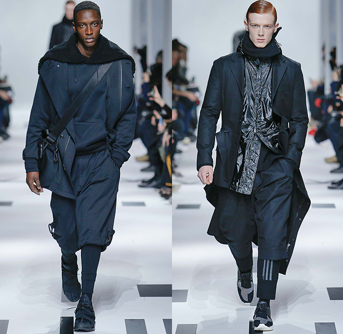 Y-3 Yohji Yamamoto x Adidas 2015-2016 Fall Autumn Winter Mens Runway Catwalk Looks - Mode à Paris Fashion Week Mode Masculine France - Military Aviator Belt Straps Outerwear Coat Parka Bomber Jacket Blazer Jogger Sweatpants Jumpsuit Cargo Pockets Double Pants Trousers Topography Camouflage Print Graphic Pattern Hoodie Cap Onesie Boiler Suit Salopette Coveralls Playsuit Sneakers Bag Shorts Nylon Boots