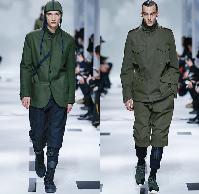 Y-3 Yohji Yamamoto x Adidas 2015-2016 Fall Autumn Winter Mens Runway Catwalk Looks - Mode à Paris Fashion Week Mode Masculine France - Military Aviator Belt Straps Outerwear Coat Parka Bomber Jacket Blazer Jogger Sweatpants Jumpsuit Cargo Pockets Double Pants Trousers Topography Camouflage Print Graphic Pattern Hoodie Cap Onesie Boiler Suit Salopette Coveralls Playsuit Sneakers Bag Shorts Nylon Boots