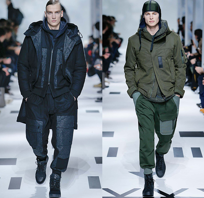 Y-3 Yohji Yamamoto x Adidas 2015-2016 Fall Autumn Winter Mens Runway Catwalk Looks - Mode à Paris Fashion Week Mode Masculine France - Military Aviator Belt Straps Outerwear Coat Parka Bomber Jacket Blazer Jogger Sweatpants Jumpsuit Cargo Pockets Double Pants Trousers Topography Camouflage Print Graphic Pattern Hoodie Cap Onesie Boiler Suit Salopette Coveralls Playsuit Sneakers Bag Shorts Nylon Boots