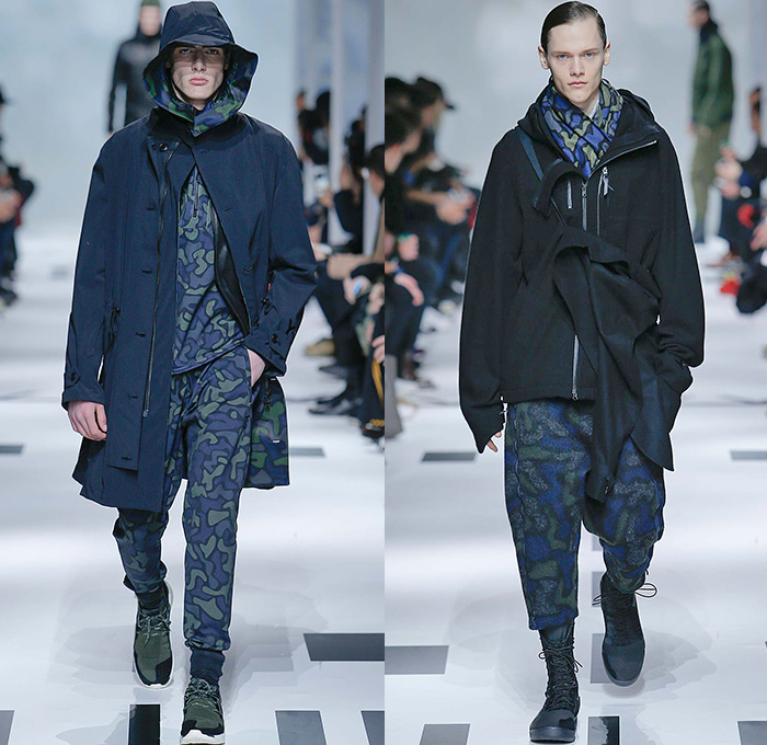 Y-3 Yohji Yamamoto x Adidas 2015-2016 Fall Autumn Winter Mens Runway Catwalk Looks - Mode à Paris Fashion Week Mode Masculine France - Military Aviator Belt Straps Outerwear Coat Parka Bomber Jacket Blazer Jogger Sweatpants Jumpsuit Cargo Pockets Double Pants Trousers Topography Camouflage Print Graphic Pattern Hoodie Cap Onesie Boiler Suit Salopette Coveralls Playsuit Sneakers Bag Shorts Nylon Boots