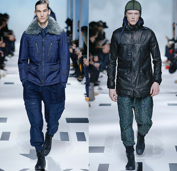 Y-3 Yohji Yamamoto x Adidas 2015-2016 Fall Autumn Winter Mens Runway Catwalk Looks - Mode à Paris Fashion Week Mode Masculine France - Military Aviator Belt Straps Outerwear Coat Parka Bomber Jacket Blazer Jogger Sweatpants Jumpsuit Cargo Pockets Double Pants Trousers Topography Camouflage Print Graphic Pattern Hoodie Cap Onesie Boiler Suit Salopette Coveralls Playsuit Sneakers Bag Shorts Nylon Boots