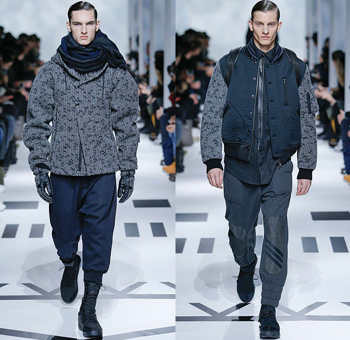 Y-3 Yohji Yamamoto x Adidas 2015-2016 Fall Autumn Winter Mens Runway Catwalk Looks - Mode à Paris Fashion Week Mode Masculine France - Military Aviator Belt Straps Outerwear Coat Parka Bomber Jacket Blazer Jogger Sweatpants Jumpsuit Cargo Pockets Double Pants Trousers Topography Camouflage Print Graphic Pattern Hoodie Cap Onesie Boiler Suit Salopette Coveralls Playsuit Sneakers Bag Shorts Nylon Boots