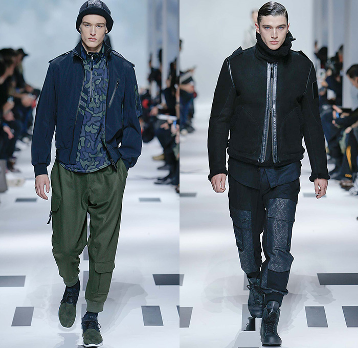 Y-3 Yohji Yamamoto x Adidas 2015-2016 Fall Autumn Winter Mens Runway Catwalk Looks - Mode à Paris Fashion Week Mode Masculine France - Military Aviator Belt Straps Outerwear Coat Parka Bomber Jacket Blazer Jogger Sweatpants Jumpsuit Cargo Pockets Double Pants Trousers Topography Camouflage Print Graphic Pattern Hoodie Cap Onesie Boiler Suit Salopette Coveralls Playsuit Sneakers Bag Shorts Nylon Boots