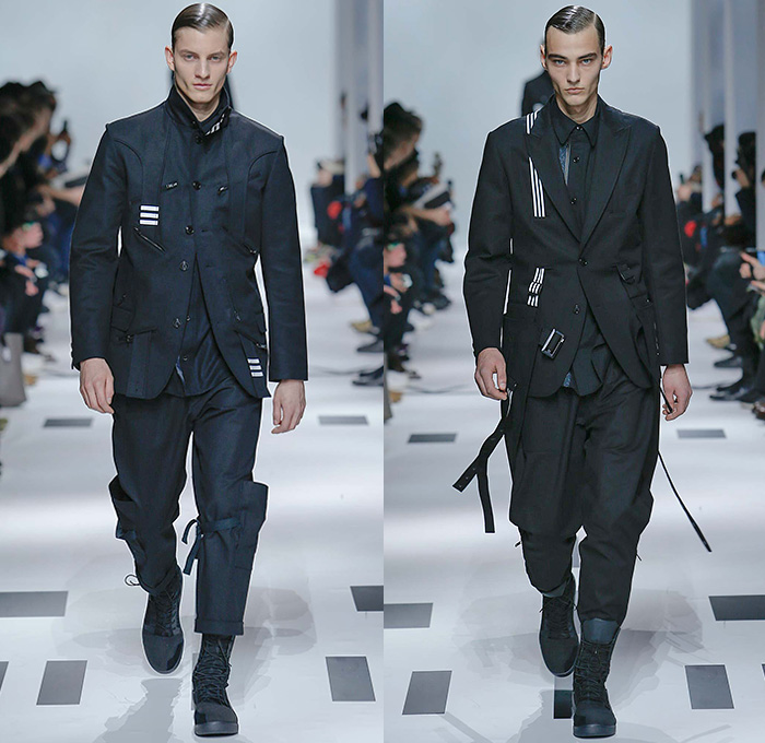 Y-3 Yohji Yamamoto x Adidas 2015-2016 Fall Autumn Winter Mens Runway Catwalk Looks - Mode à Paris Fashion Week Mode Masculine France - Military Aviator Belt Straps Outerwear Coat Parka Bomber Jacket Blazer Jogger Sweatpants Jumpsuit Cargo Pockets Double Pants Trousers Topography Camouflage Print Graphic Pattern Hoodie Cap Onesie Boiler Suit Salopette Coveralls Playsuit Sneakers Bag Shorts Nylon Boots