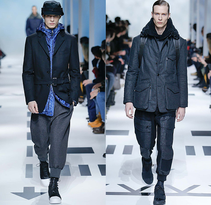 Y-3 Yohji Yamamoto x Adidas 2015-2016 Fall Autumn Winter Mens Runway Catwalk Looks - Mode à Paris Fashion Week Mode Masculine France - Military Aviator Belt Straps Outerwear Coat Parka Bomber Jacket Blazer Jogger Sweatpants Jumpsuit Cargo Pockets Double Pants Trousers Topography Camouflage Print Graphic Pattern Hoodie Cap Onesie Boiler Suit Salopette Coveralls Playsuit Sneakers Bag Shorts Nylon Boots