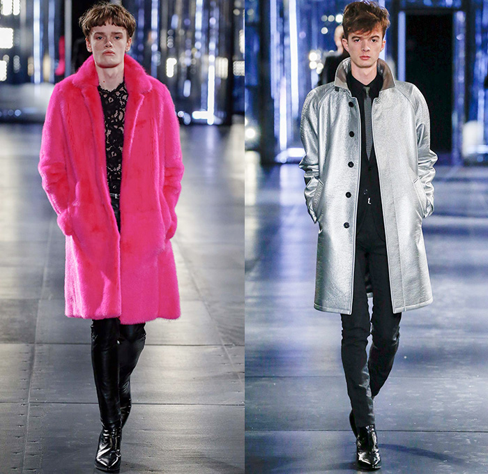 Saint Laurent 2015-2016 Fall Autumn Winter Mens Runway Catwalk Looks - Mode à Paris Fashion Week Mode Masculine France - Mod Rocker Black Slim Skinny Denim Jeans Motorcycle Biker Leather Zebra Leopard Cheetah Crocodile Alligator Outerwear Coat Boots Wool Furry Lace Metallic Trench Coat Cape Cloak Knit Sweater Jumper Stripes Polka Dots Blazer Tuxedo Bomber Jacket Zippers Slashed Zigzag