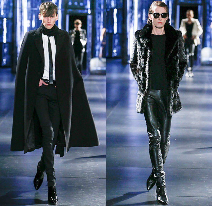 Saint Laurent 2015-2016 Fall Autumn Winter Mens Runway Catwalk Looks - Mode à Paris Fashion Week Mode Masculine France - Mod Rocker Black Slim Skinny Denim Jeans Motorcycle Biker Leather Zebra Leopard Cheetah Crocodile Alligator Outerwear Coat Boots Wool Furry Lace Metallic Trench Coat Cape Cloak Knit Sweater Jumper Stripes Polka Dots Blazer Tuxedo Bomber Jacket Zippers Slashed Zigzag