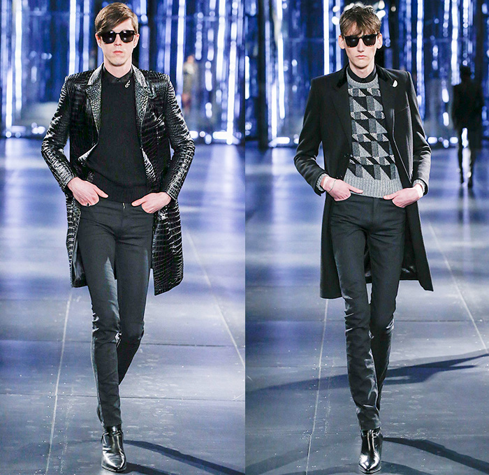 Saint Laurent 2015-2016 Fall Autumn Winter Mens Runway Catwalk Looks - Mode à Paris Fashion Week Mode Masculine France - Mod Rocker Black Slim Skinny Denim Jeans Motorcycle Biker Leather Zebra Leopard Cheetah Crocodile Alligator Outerwear Coat Boots Wool Furry Lace Metallic Trench Coat Cape Cloak Knit Sweater Jumper Stripes Polka Dots Blazer Tuxedo Bomber Jacket Zippers Slashed Zigzag